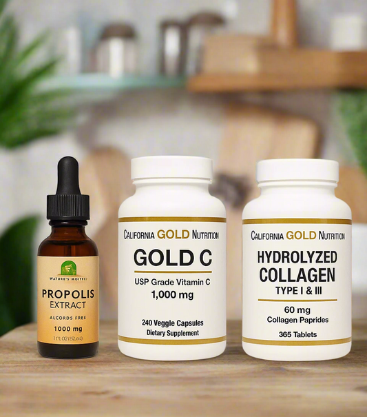 Immunity and skin healing kit with propolis extract, vitamin C, and hydrolyzed collagen on a beige background.