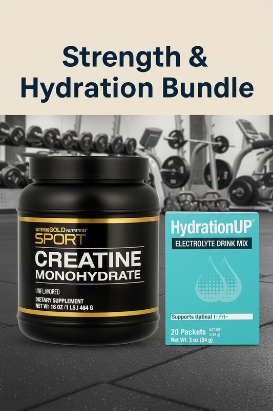 Strength and hydration bundle with creatine monohydrate and HydrationUP drink mix on a beige background